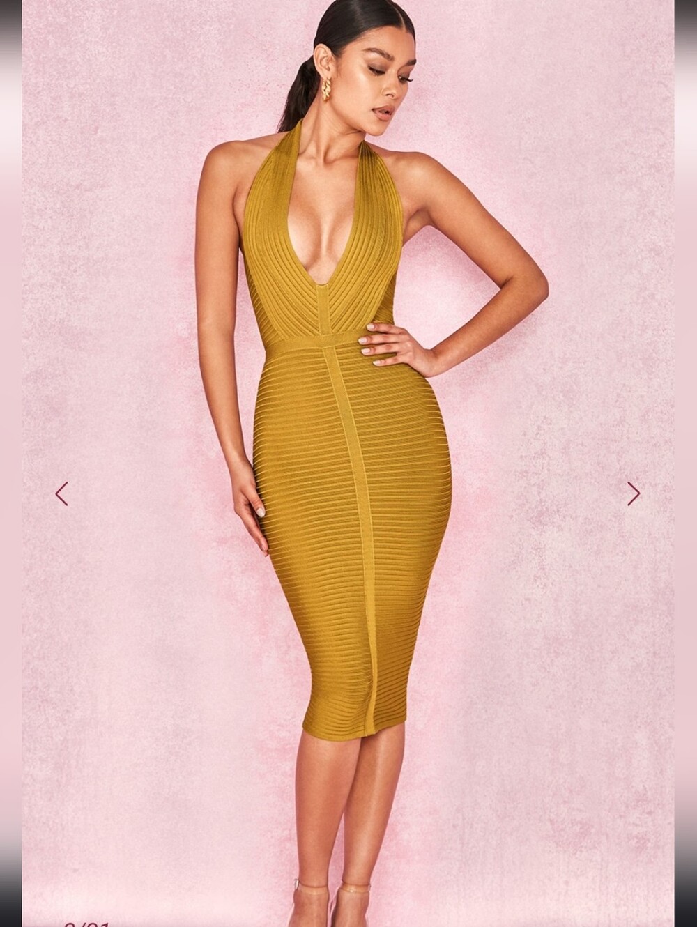House of CB Verbena Mustard Halter Ribbed Bandage Midi Dress